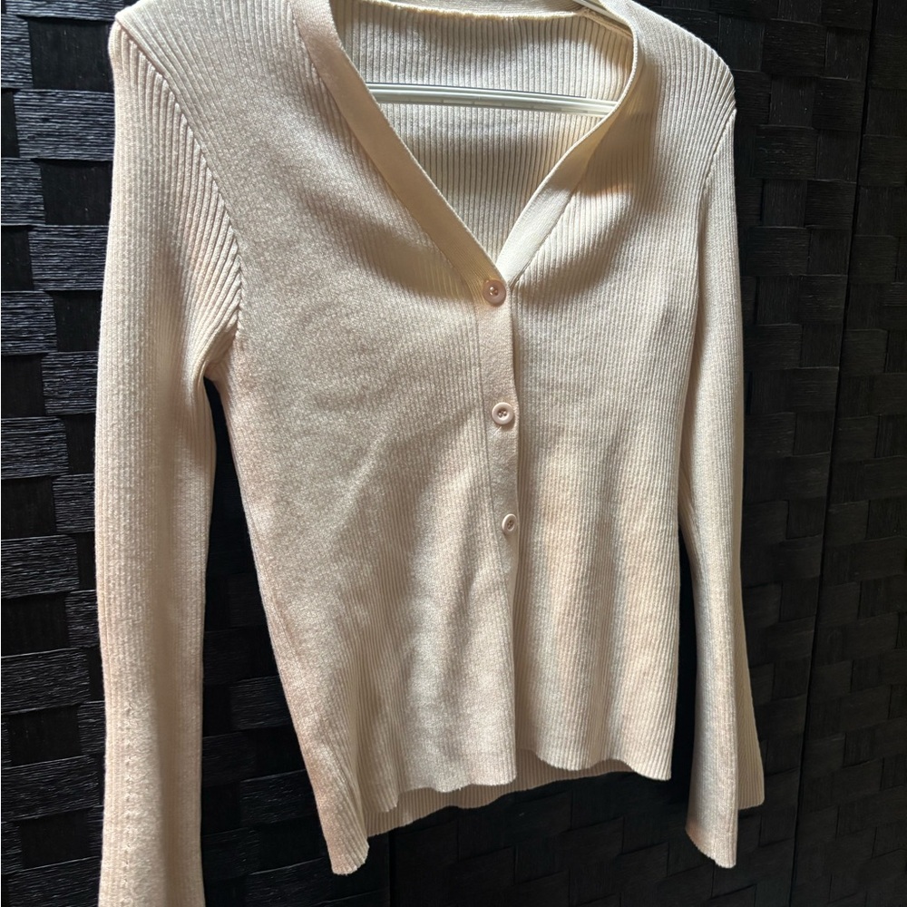 SHEIN Cream Ribbed V-Neck Cardigan